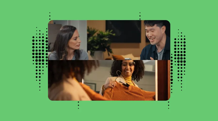 Collage of two images. the first image is a screenshot from the open ai's announcement of the new gtp40, a woman and man are engaged in a conversation as the man looks at his phone. the second imaage features a woman wearing the envision glasses looking at herself in a mirror.a
